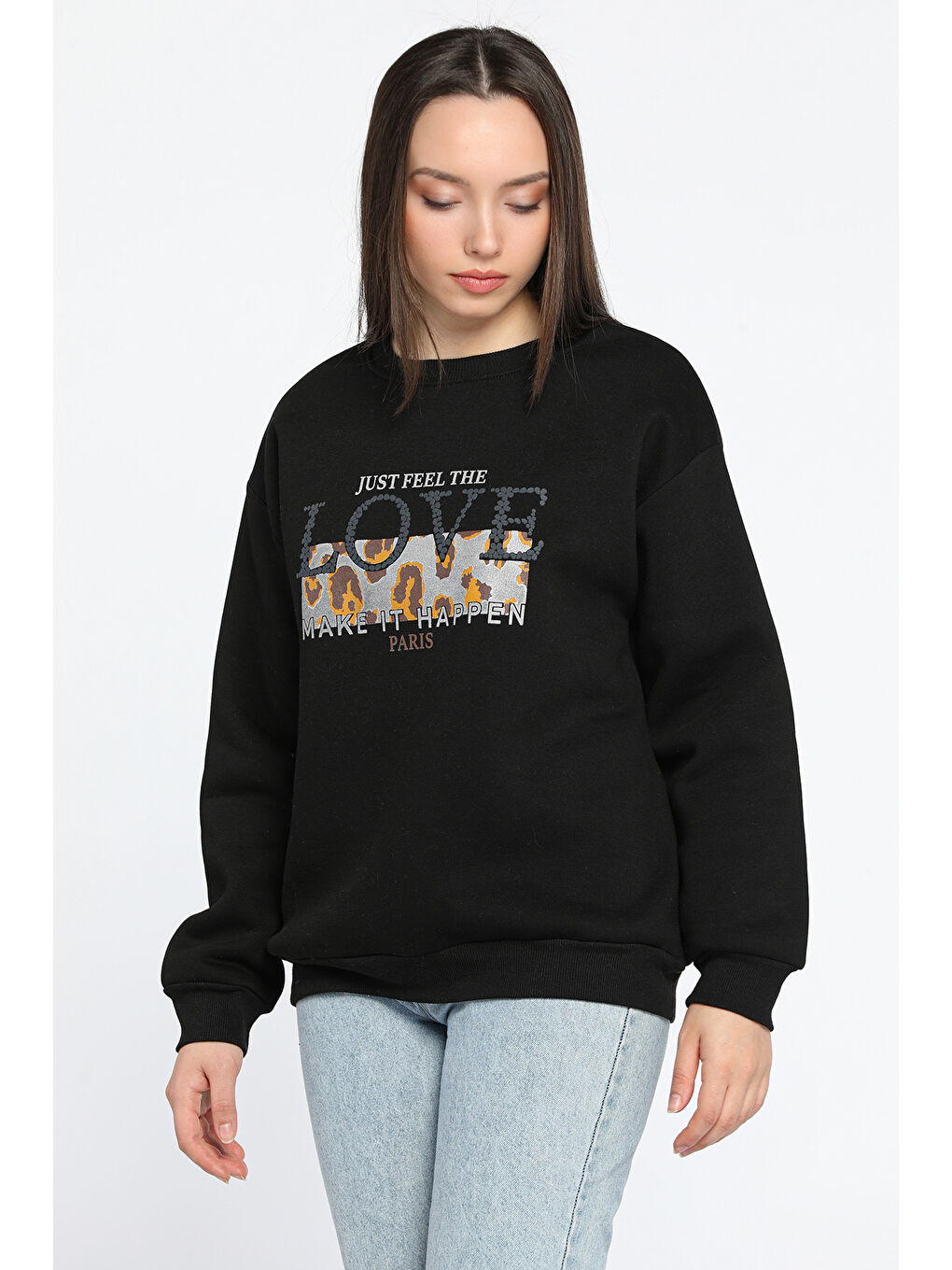 Siyah Kadın Bisiklet Yaka Üç İplik Şardonlu Sweatshirt-1