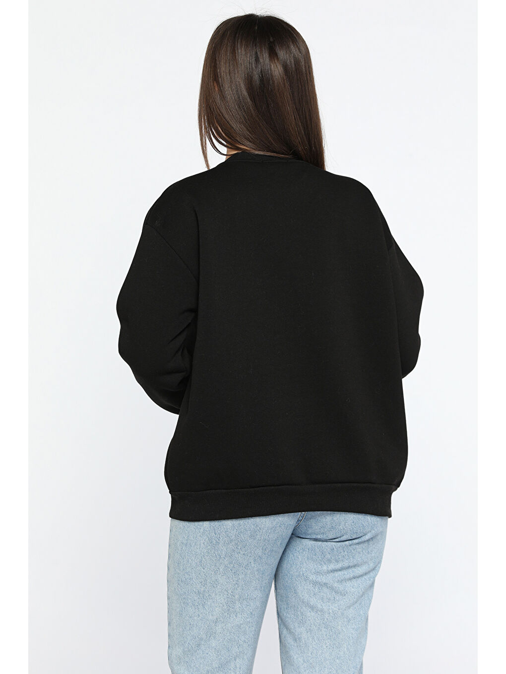 Siyah Kadın Bisiklet Yaka Üç İplik Şardonlu Sweatshirt-2