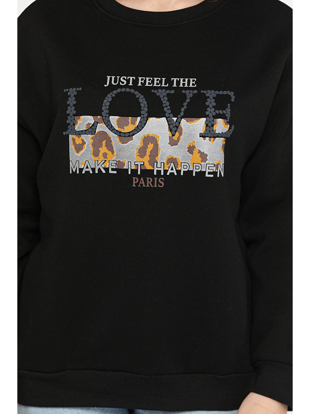 Siyah Kadın Bisiklet Yaka Üç İplik Şardonlu Sweatshirt-3