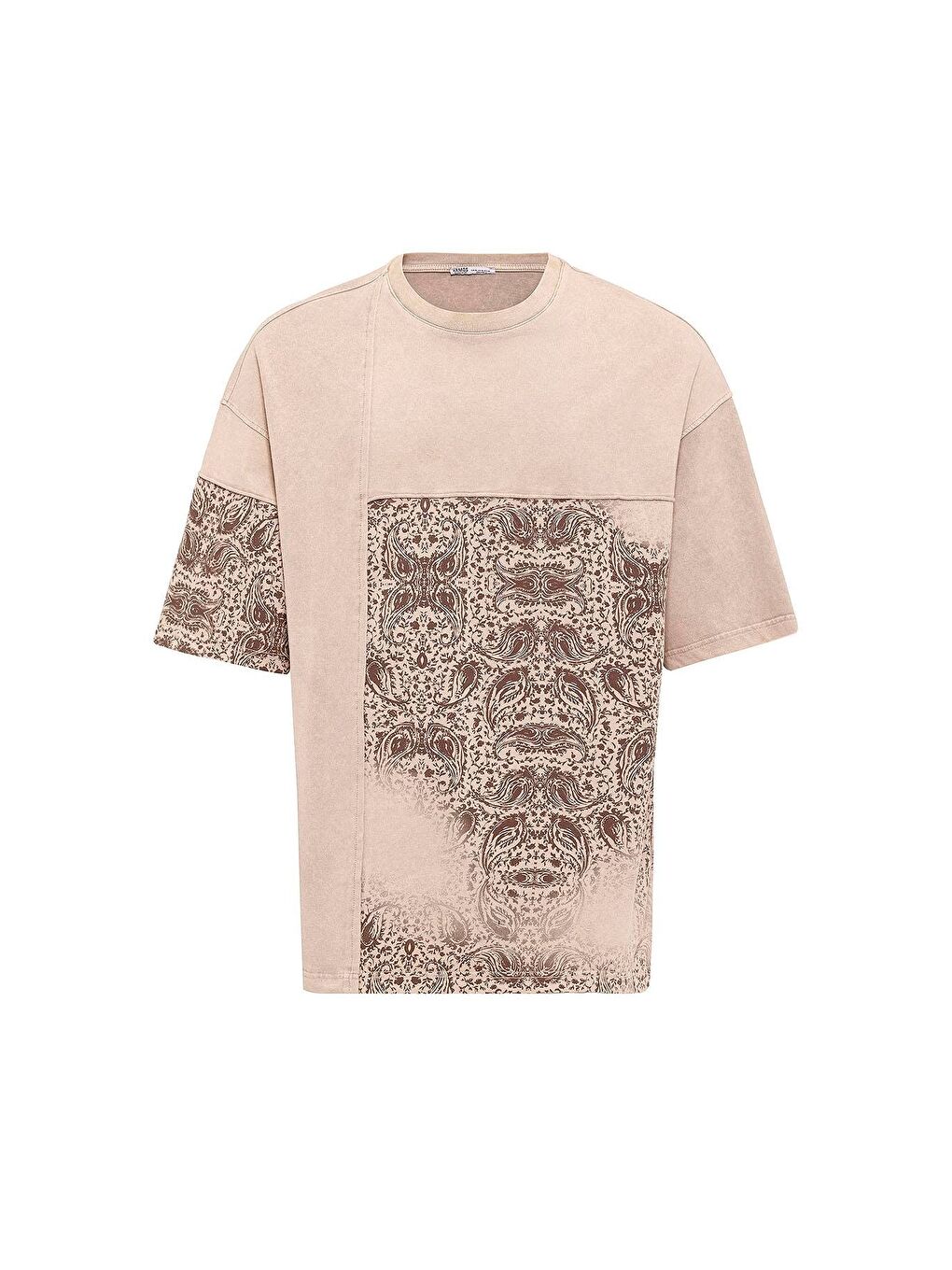 Bej Bisiklet Yaka Yıkamalı Oversize Tişört Taş-1