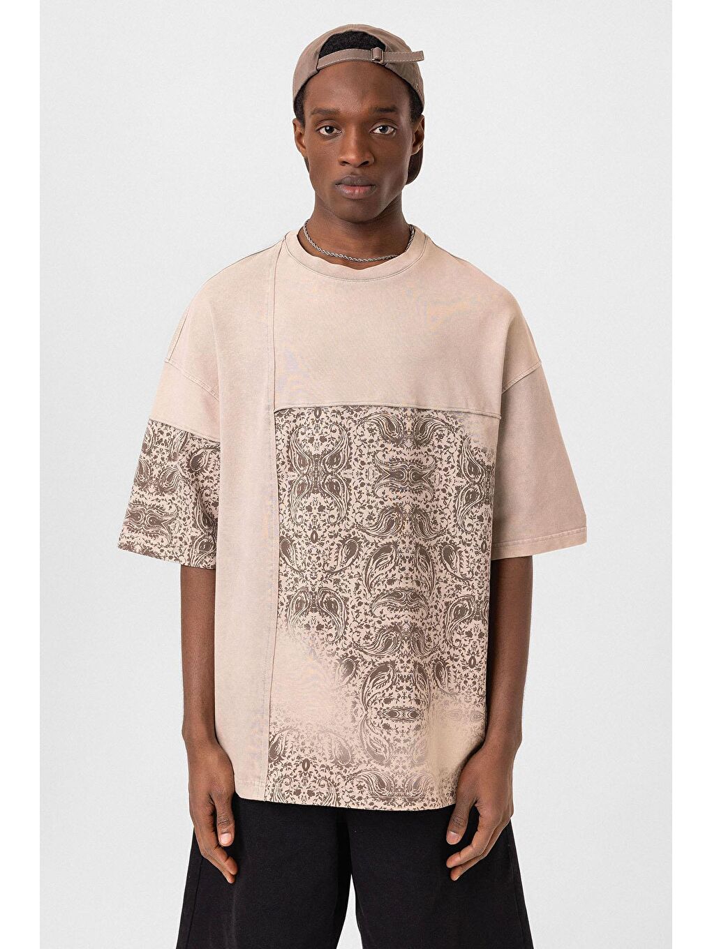 Bej Bisiklet Yaka Yıkamalı Oversize Tişört Taş-2