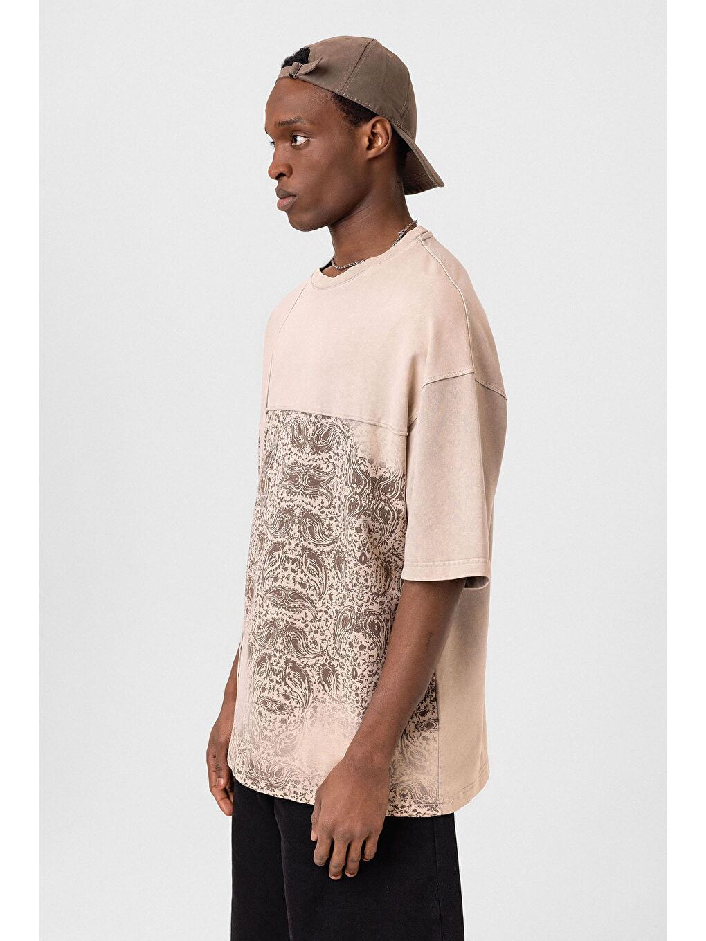 Bej Bisiklet Yaka Yıkamalı Oversize Tişört Taş-3