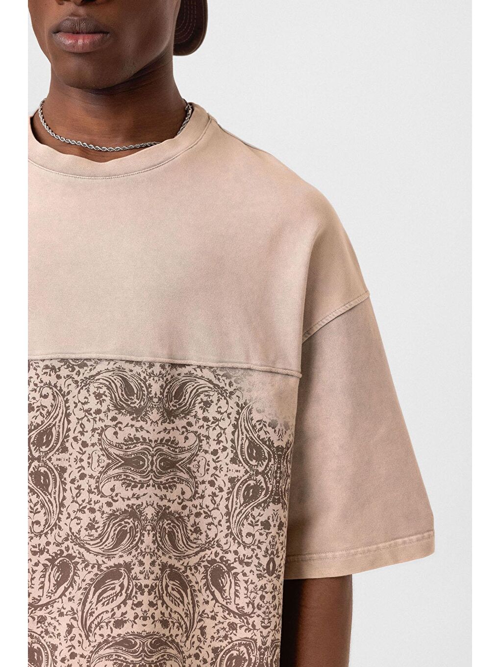 Bej Bisiklet Yaka Yıkamalı Oversize Tişört Taş-5