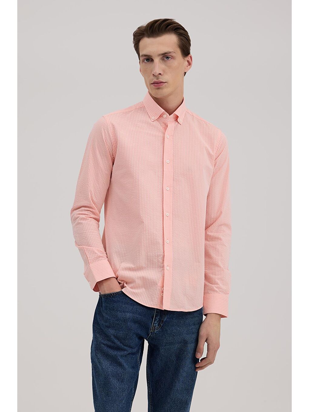 Turuncu Yavru Ağzı Comfort Fit %100 Pamuk Çizgili Gömlek-1