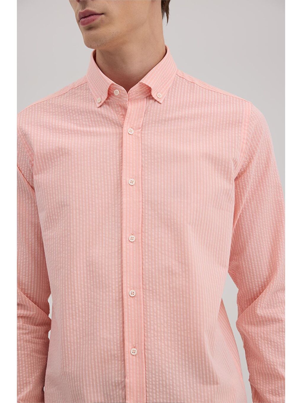 Turuncu Yavru Ağzı Comfort Fit %100 Pamuk Çizgili Gömlek-2