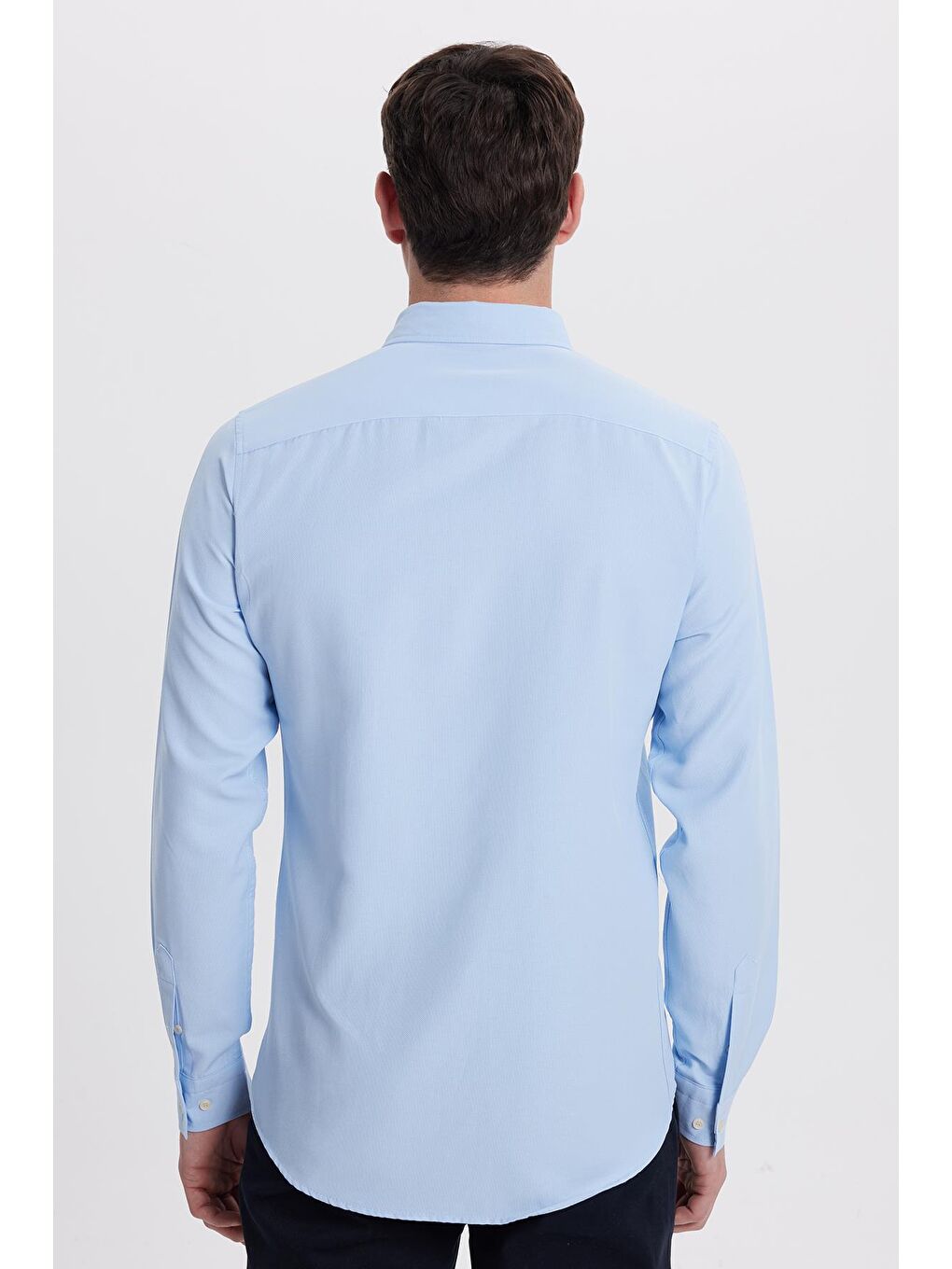 Erkek Slim Fit Dar Kesim Düz Oxford Armalı Düğmeli Yaka Mavi Spor Gömlek-6