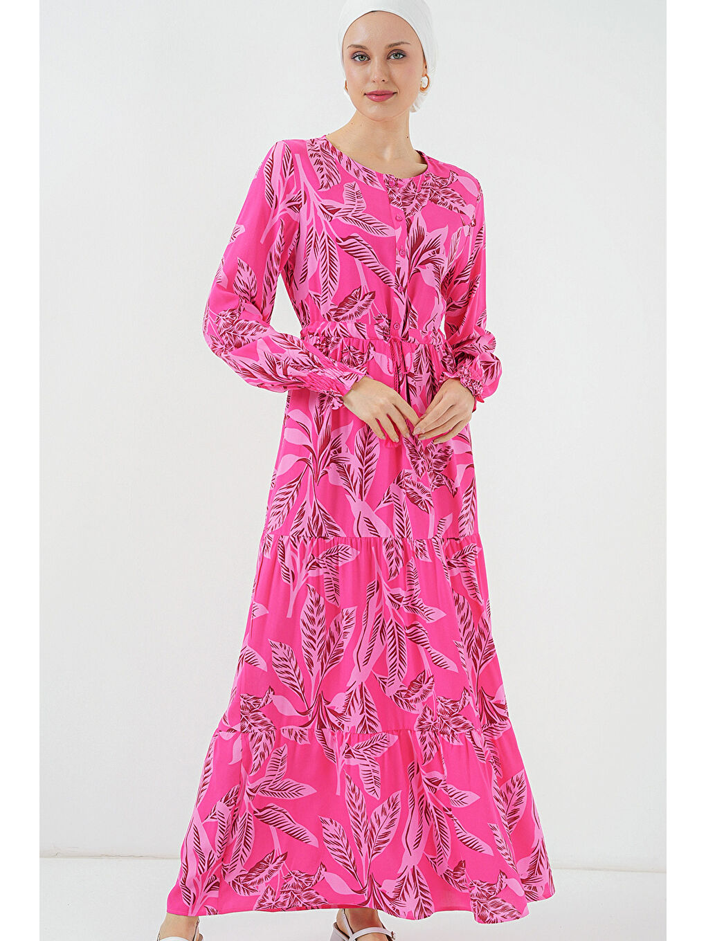 2145 Desenli Tesettür Elbise - Fuşya