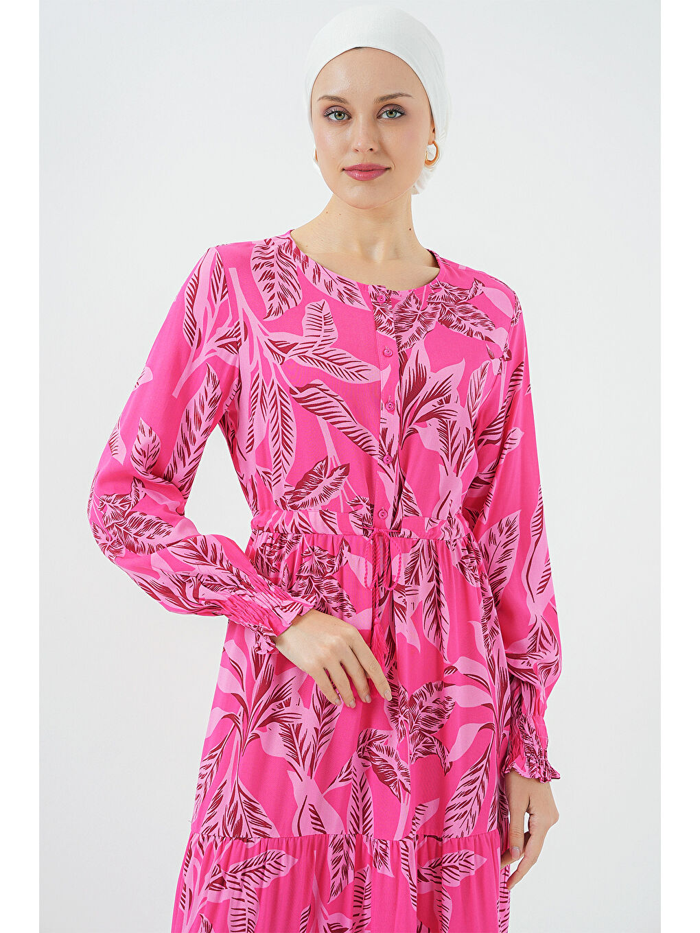 2145 Desenli Tesettür Elbise - Fuşya-3