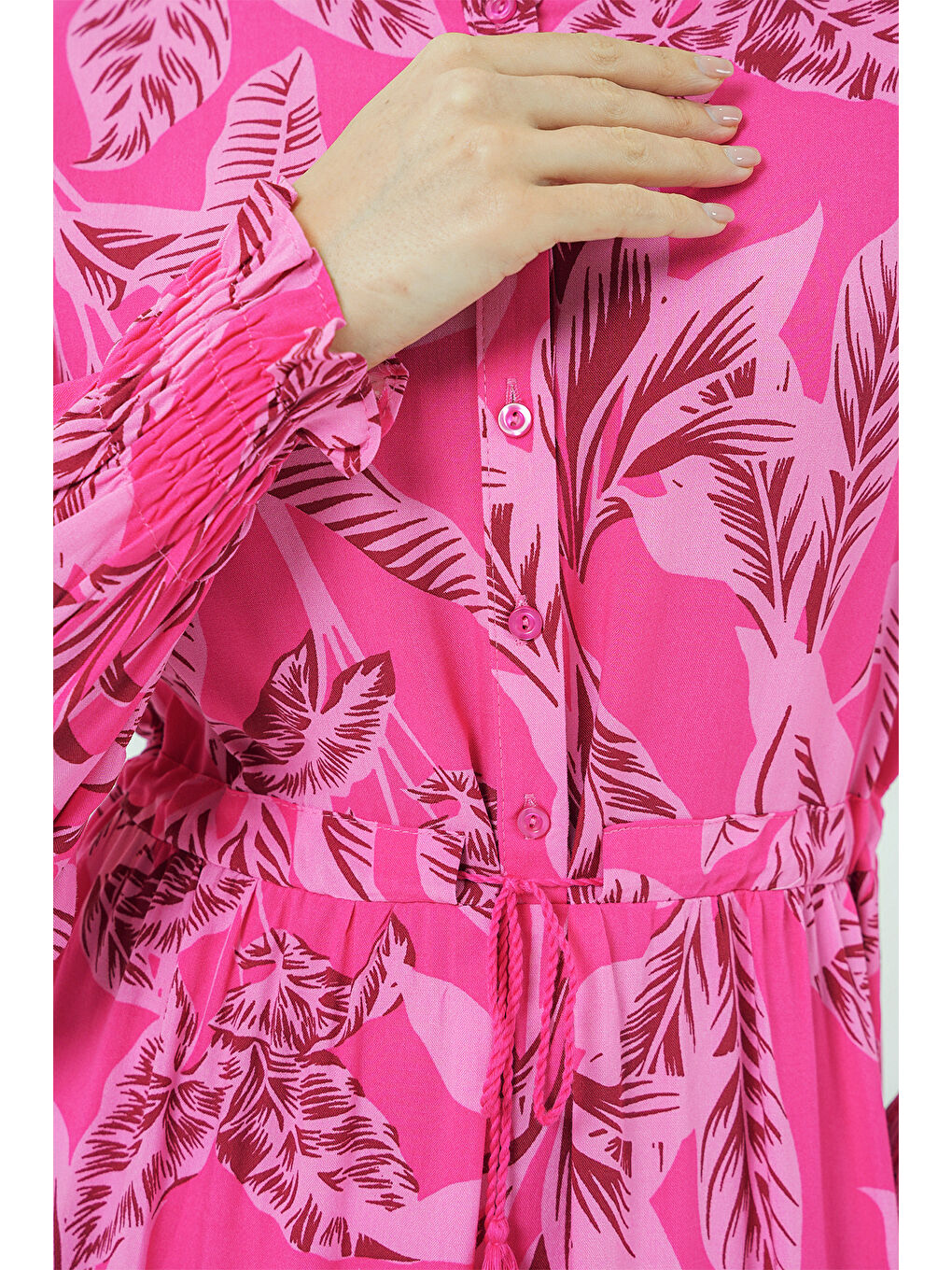 2145 Desenli Tesettür Elbise - Fuşya-4