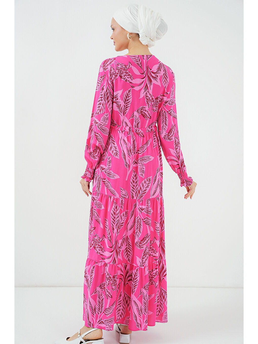 2145 Desenli Tesettür Elbise - Fuşya-5