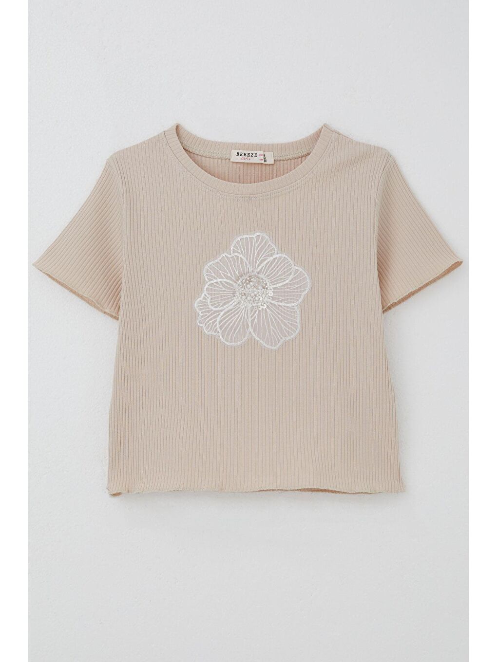 Kız Çocuk Tişört Tül Çiçek Armalı Boncuk Aksesuarlı Kemer Boy Bej (8-14 Yaş)