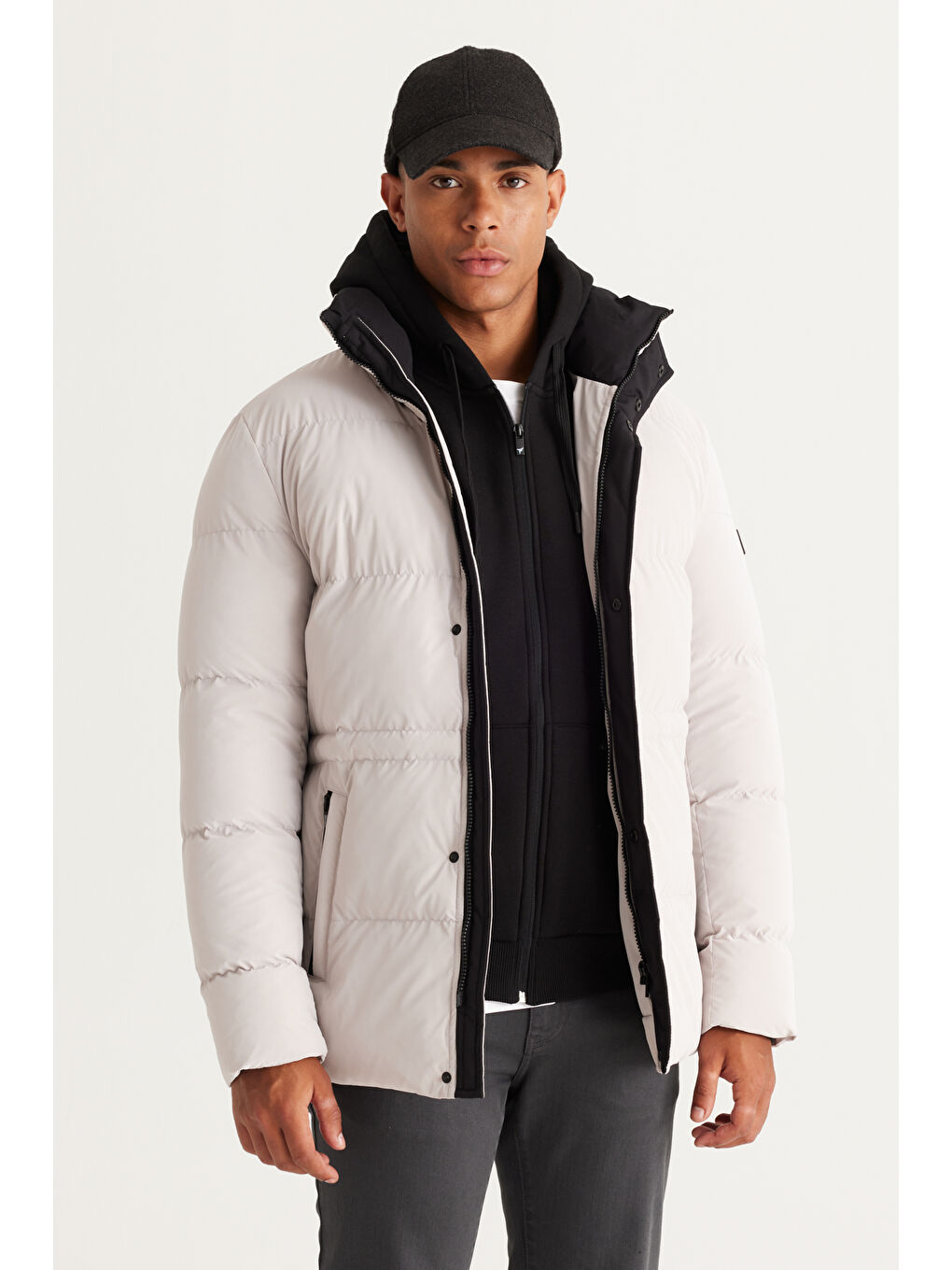 Bej Erkek Taş Standart Fit Normal Kesim Dik Yaka Şişme Mont