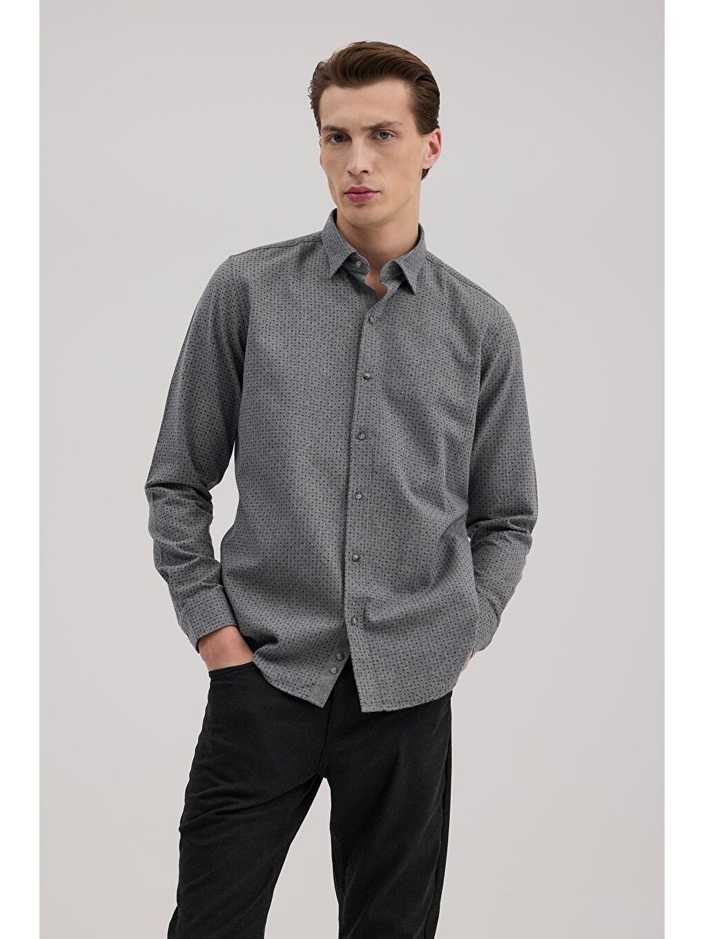 Antrasit Comfort Fit Desenli Pamuklu Düğmeli Yaka Gömlek-1