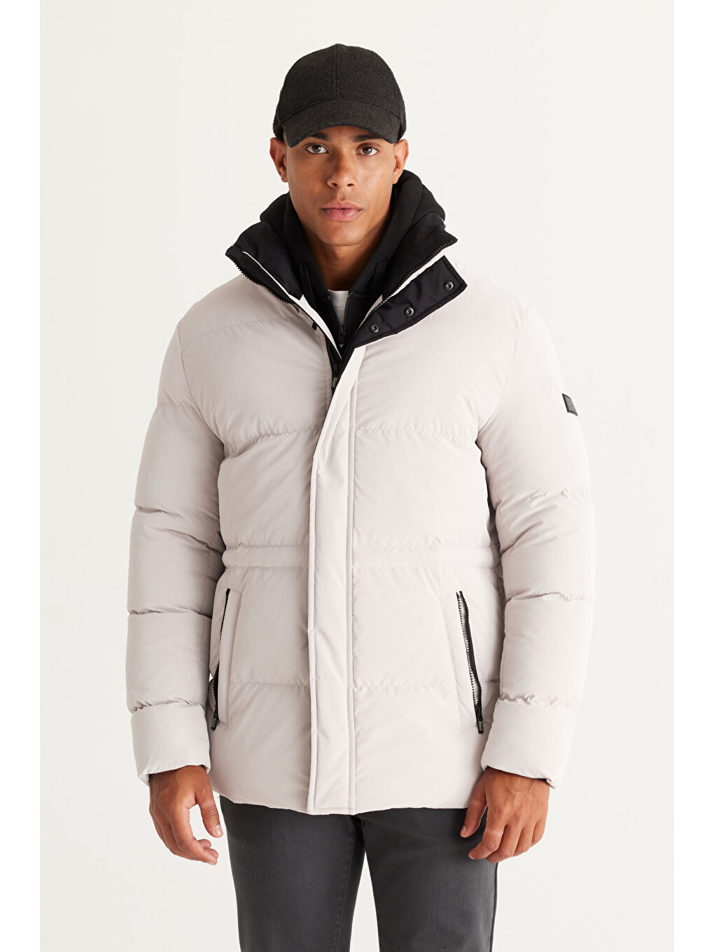 Bej Erkek Taş Standart Fit Normal Kesim Dik Yaka Şişme Mont-1