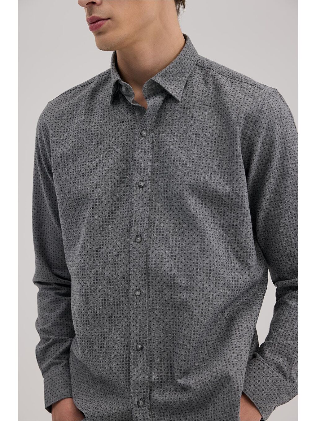 Antrasit Comfort Fit Desenli Pamuklu Düğmeli Yaka Gömlek-2