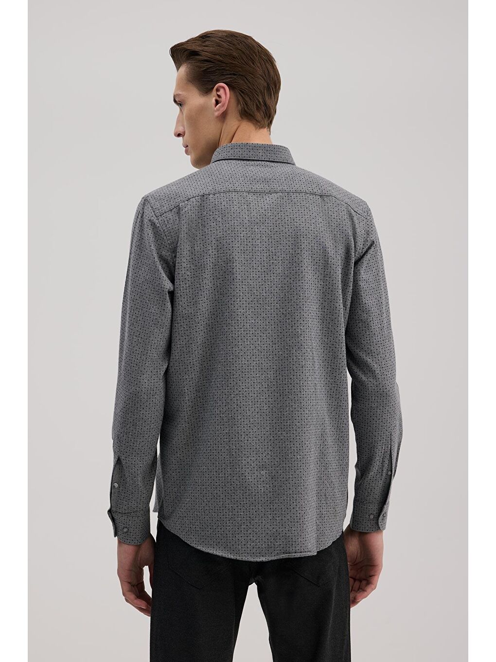 Antrasit Comfort Fit Desenli Pamuklu Düğmeli Yaka Gömlek-3