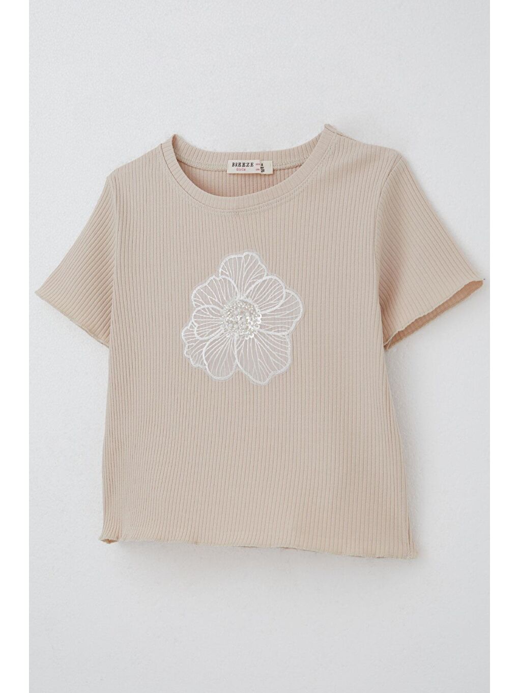 Kız Çocuk Tişört Tül Çiçek Armalı Boncuk Aksesuarlı Kemer Boy Bej (8-14 Yaş)-2