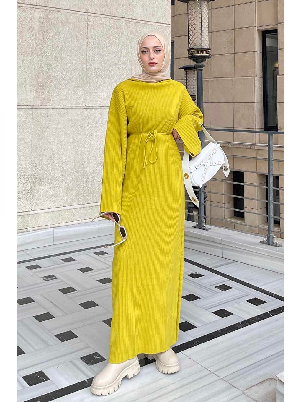 Yarasa Kol Triko Elbise Yağ Yeşili