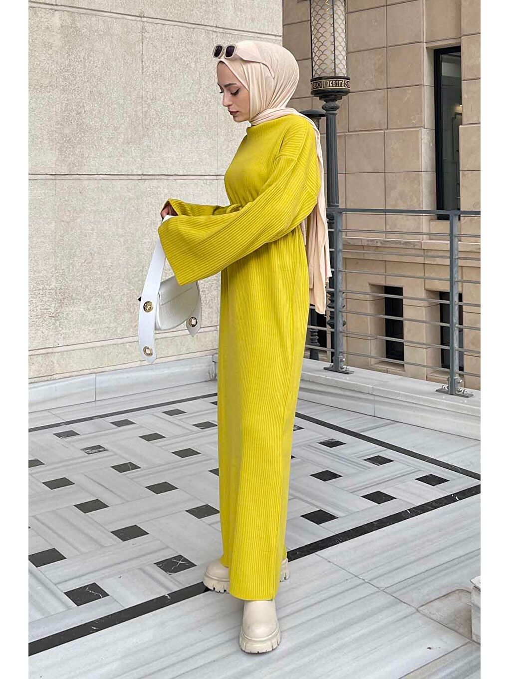 Yarasa Kol Triko Elbise Yağ Yeşili-2