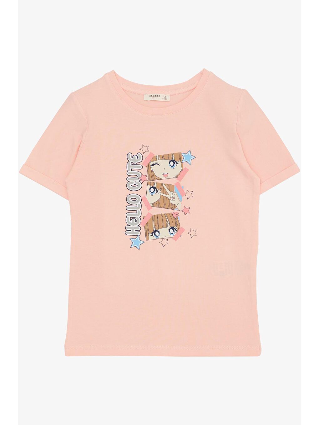 Pembe Kız Çocuk Tişört Sevimli Pozlar Veren Kız Baskılı Somon (4-9 Yaş)