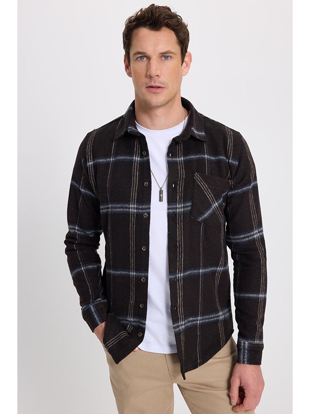 Karışık Erkek Slim Fit Dar Kesim Kareli Cepli Siyah Oduncu Gömlek