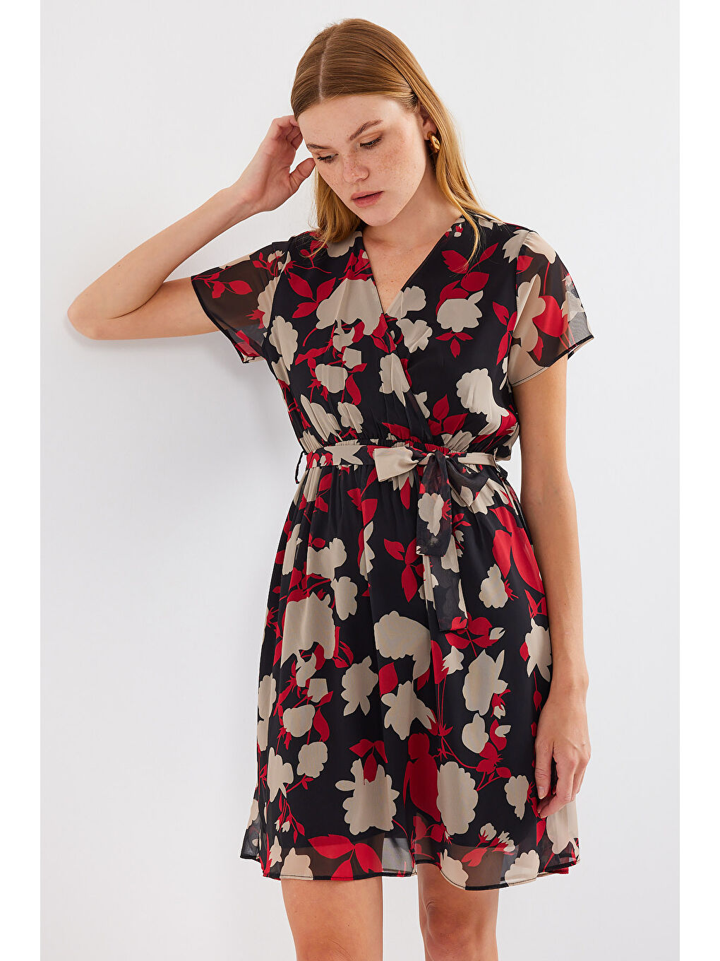 2502 Kısa Kol Desenli Şifon Elbise - Bordo