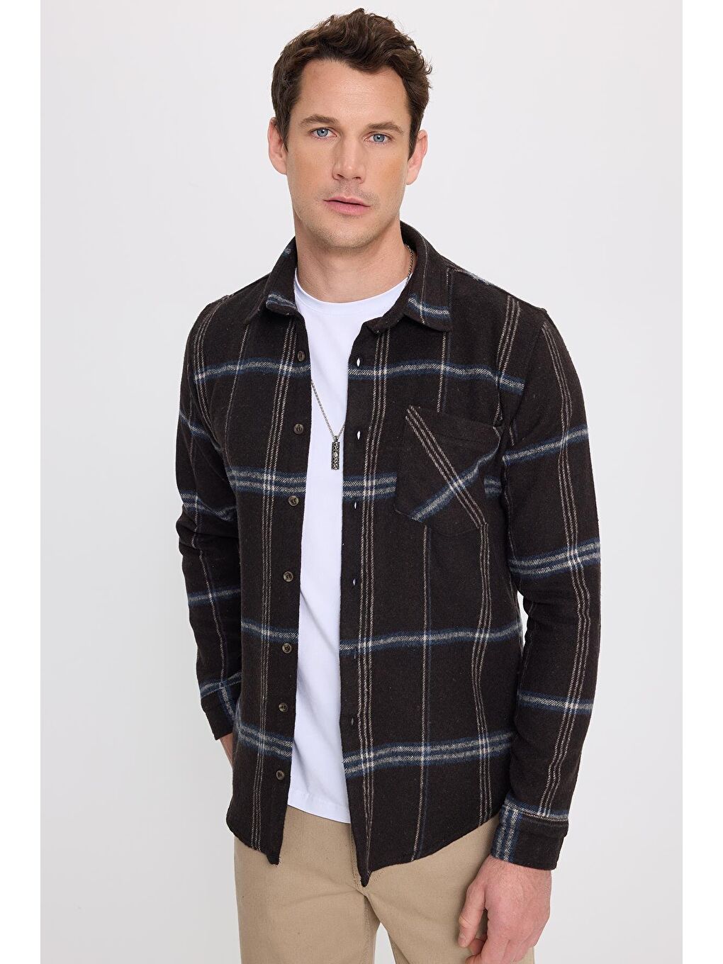 Karışık Erkek Slim Fit Dar Kesim Kareli Cepli Siyah Oduncu Gömlek-4