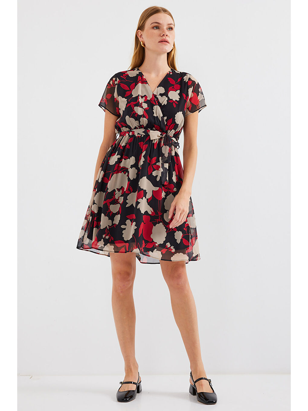 2502 Kısa Kol Desenli Şifon Elbise - Bordo-2