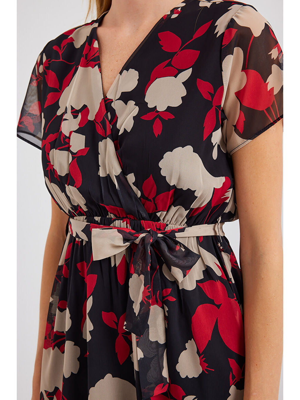 2502 Kısa Kol Desenli Şifon Elbise - Bordo-3