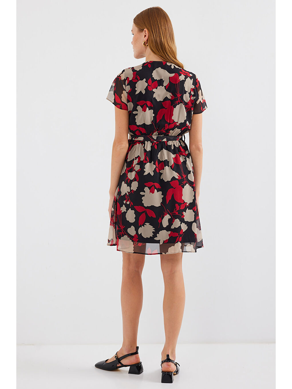 2502 Kısa Kol Desenli Şifon Elbise - Bordo-4