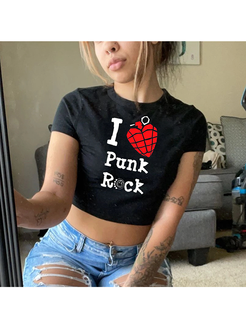 Touz Moda Siyah I Love Punk Rock Siyah Crop - 1