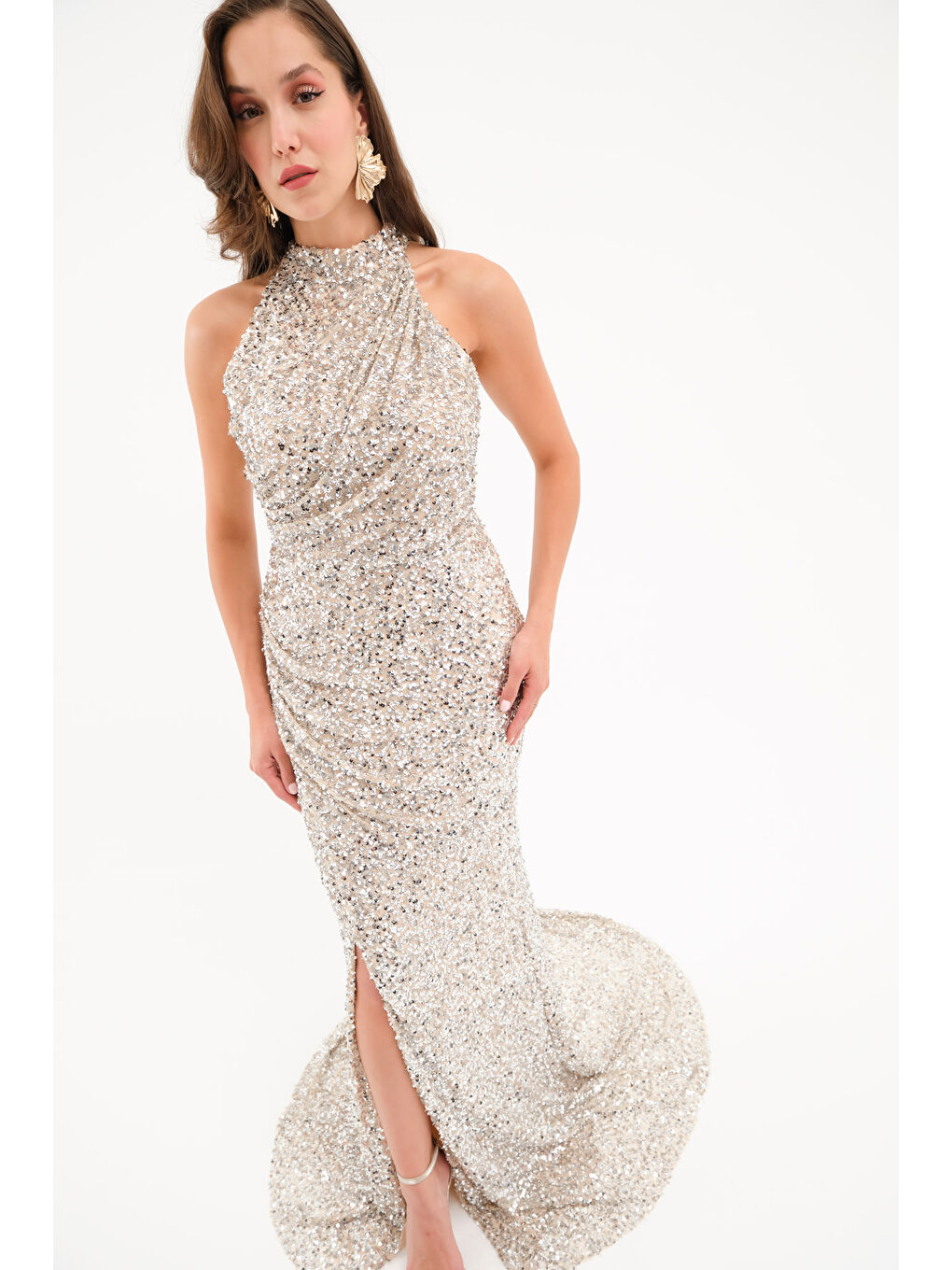 Gri Kadın Gümüş Pul İşlemeli Balık Abiye Elbise-1