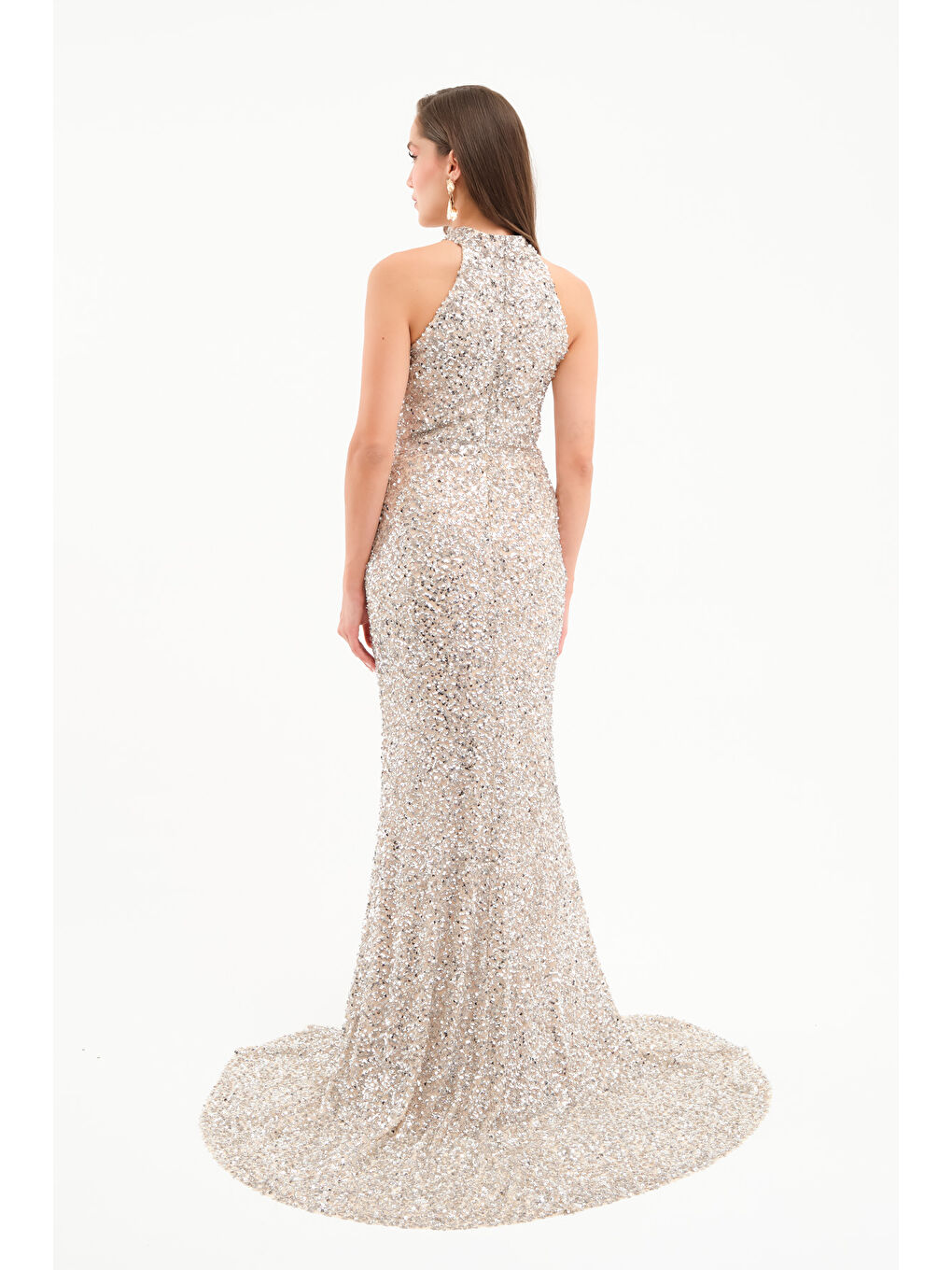 Gri Kadın Gümüş Pul İşlemeli Balık Abiye Elbise-4