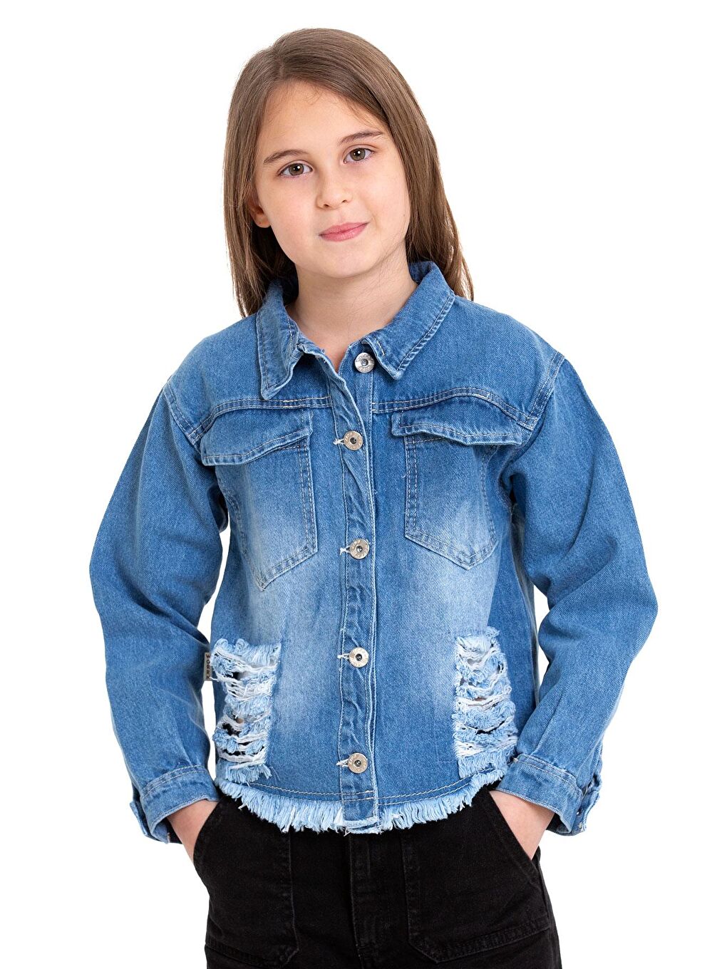 Uzun Kol Sırt Kısmı Kelebek Nakışlı Mavi Renk Kız Çocuk Jean Ceket