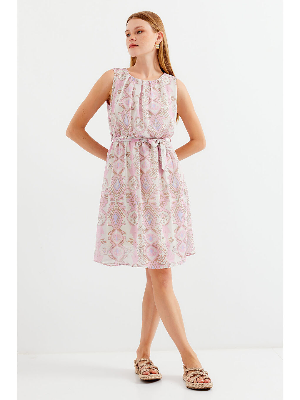 2501 Desenli Sıfır Kol Şifon Elbise - Pembe-1