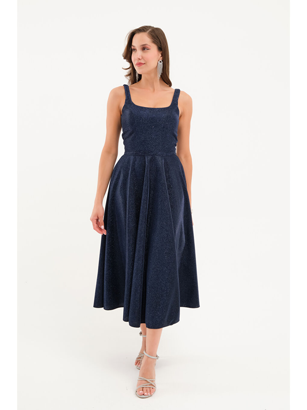 Kadın Lacivert Askılı Simli Midi Mezuniyet Abiye Elbise-1