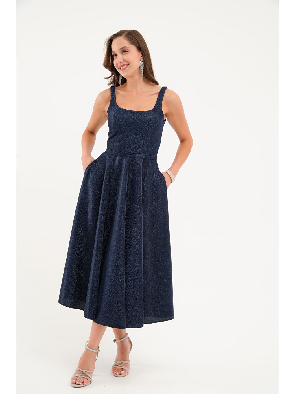 Kadın Lacivert Askılı Simli Midi Mezuniyet Abiye Elbise-2