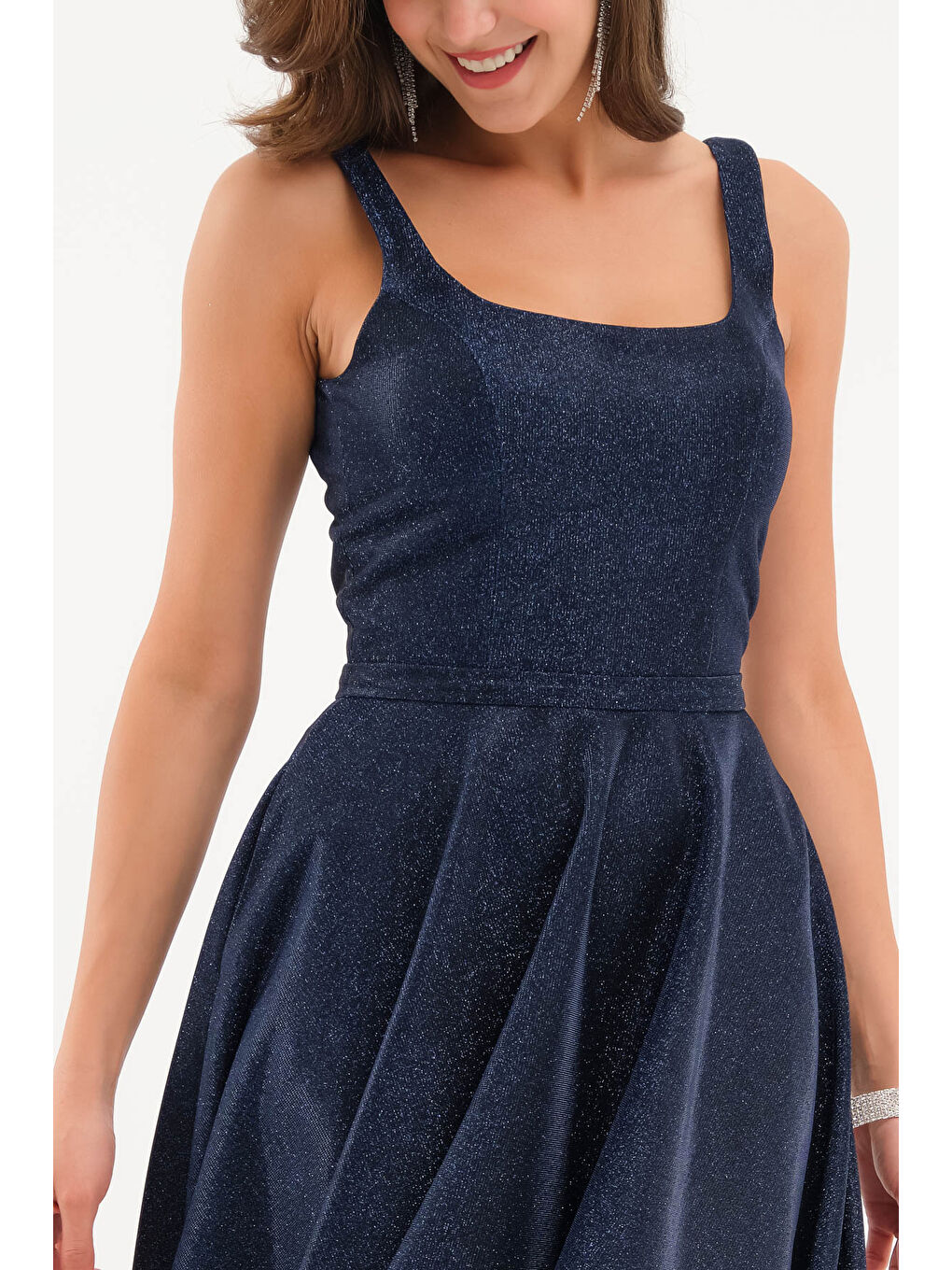 Kadın Lacivert Askılı Simli Midi Mezuniyet Abiye Elbise-3