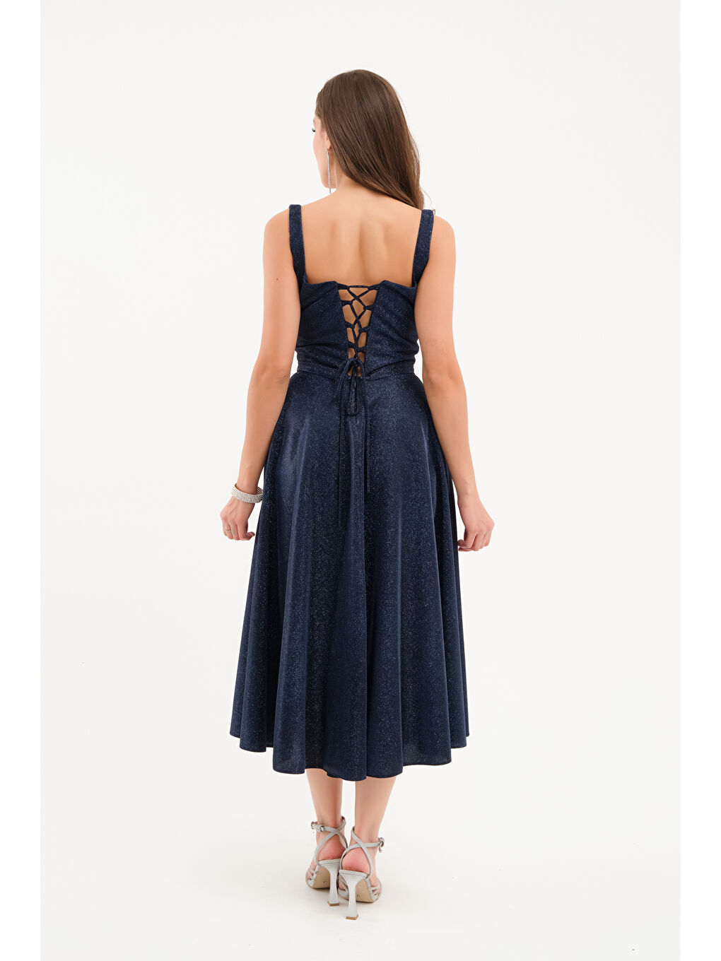 Kadın Lacivert Askılı Simli Midi Mezuniyet Abiye Elbise-4