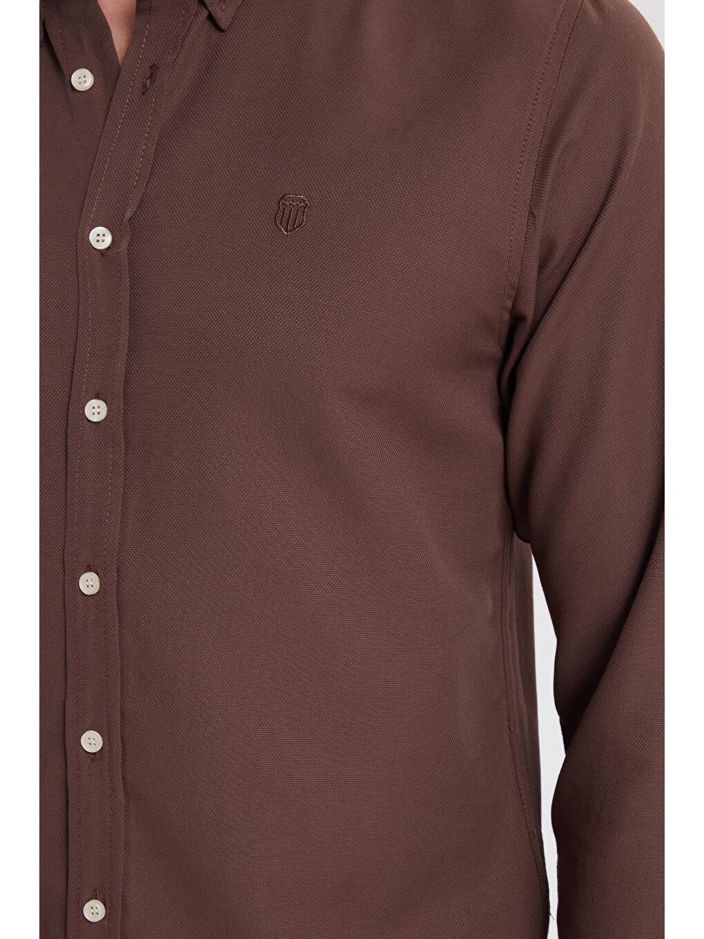 Erkek Slim Fit Dar Kesim Düz Oxford Armalı Düğmeli Yaka Kahverengi Spor Gömlek-2