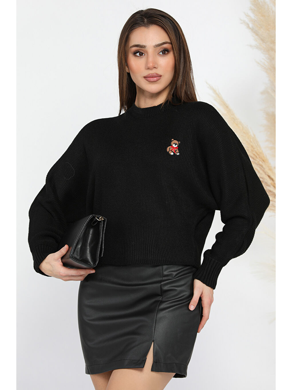 Siyah Kadın Bisiklet Yaka Yarasa Kol Örme Triko Bluz-1