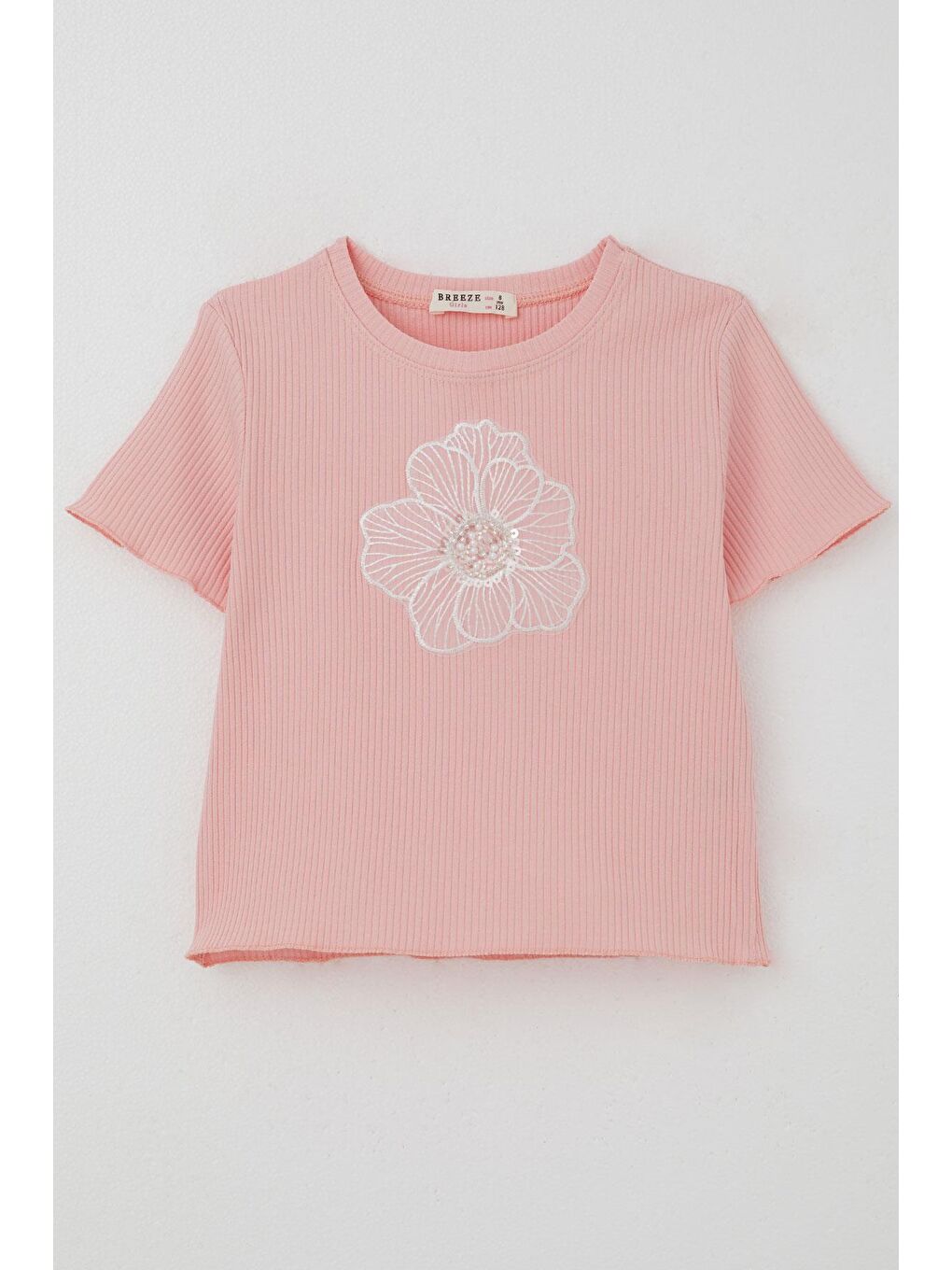 Kız Çocuk Tişört Tül Çiçek Armalı Boncuk Aksesuarlı Kemer Boy Pembe (8-14 Yaş)