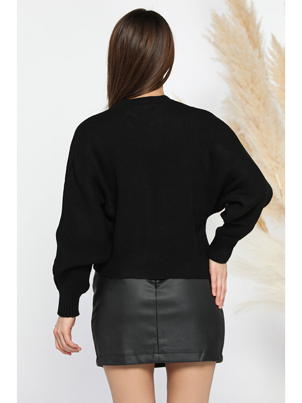 Siyah Kadın Bisiklet Yaka Yarasa Kol Örme Triko Bluz-2