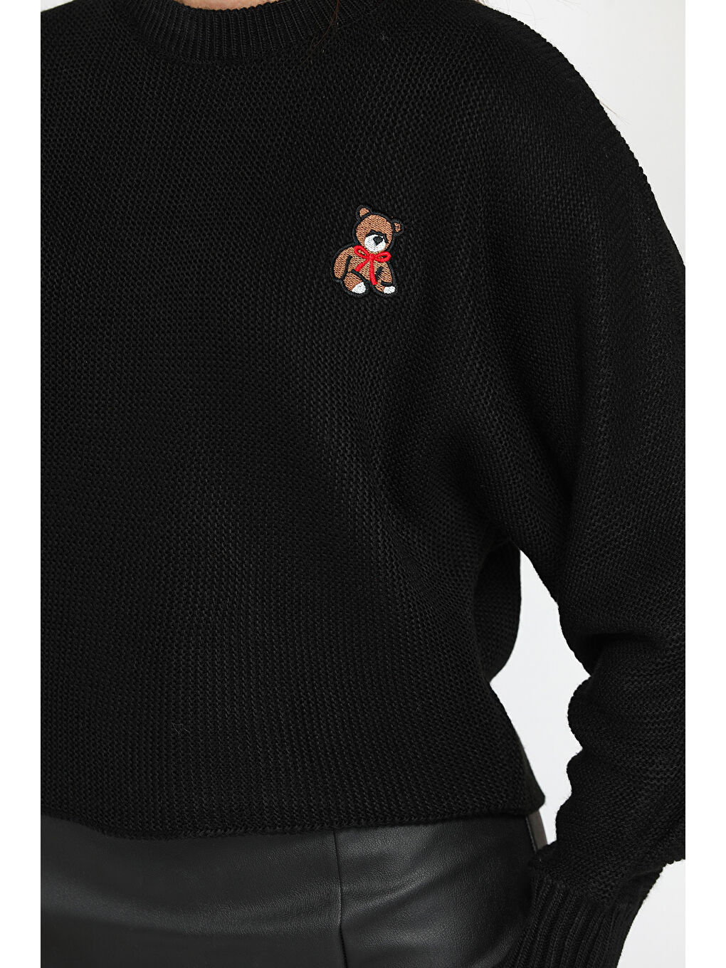 Siyah Kadın Bisiklet Yaka Yarasa Kol Örme Triko Bluz-3