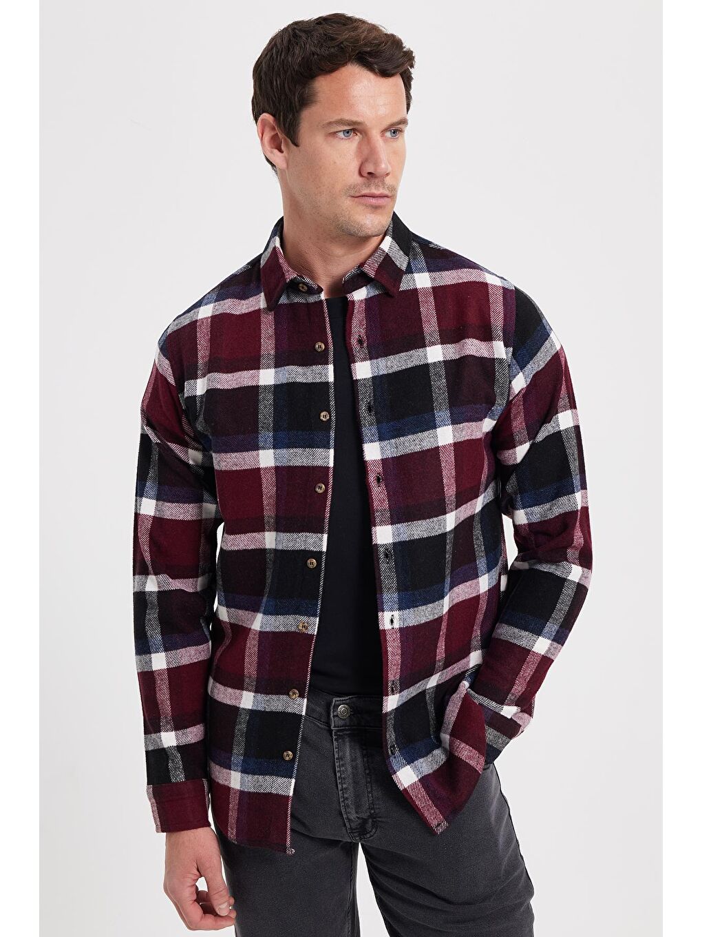 Bordo Erkek Slim Fit Dar Kesim Kareli Kışlık Oduncu Gömlek