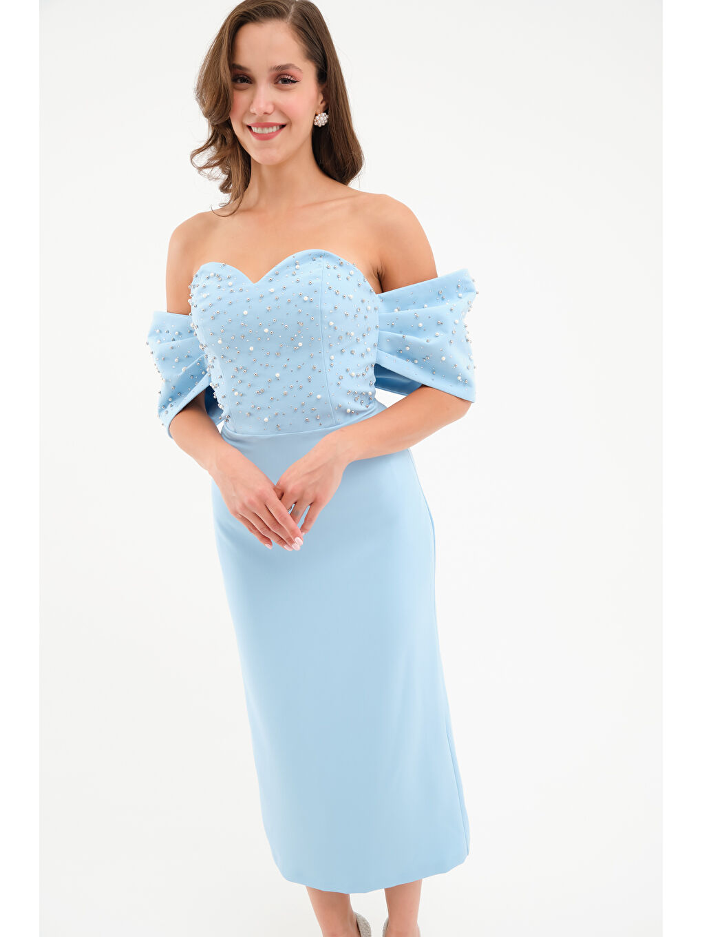 Kadın Bebe Mavi Straplez Yaka Kol Detay Midi Abiye Elbise-1