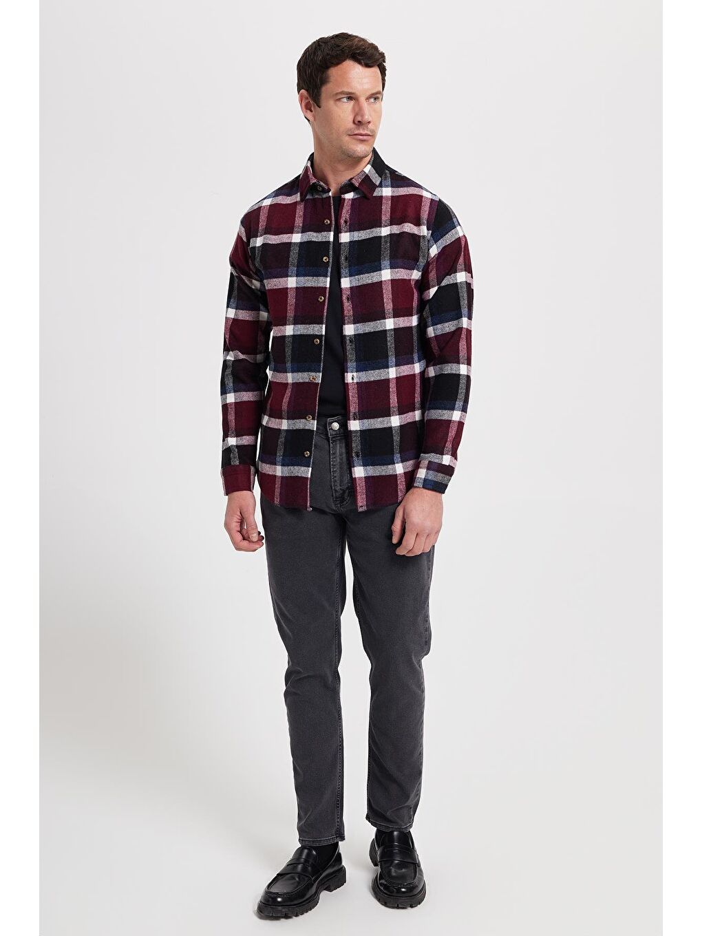 Bordo Erkek Slim Fit Dar Kesim Kareli Kışlık Oduncu Gömlek-1