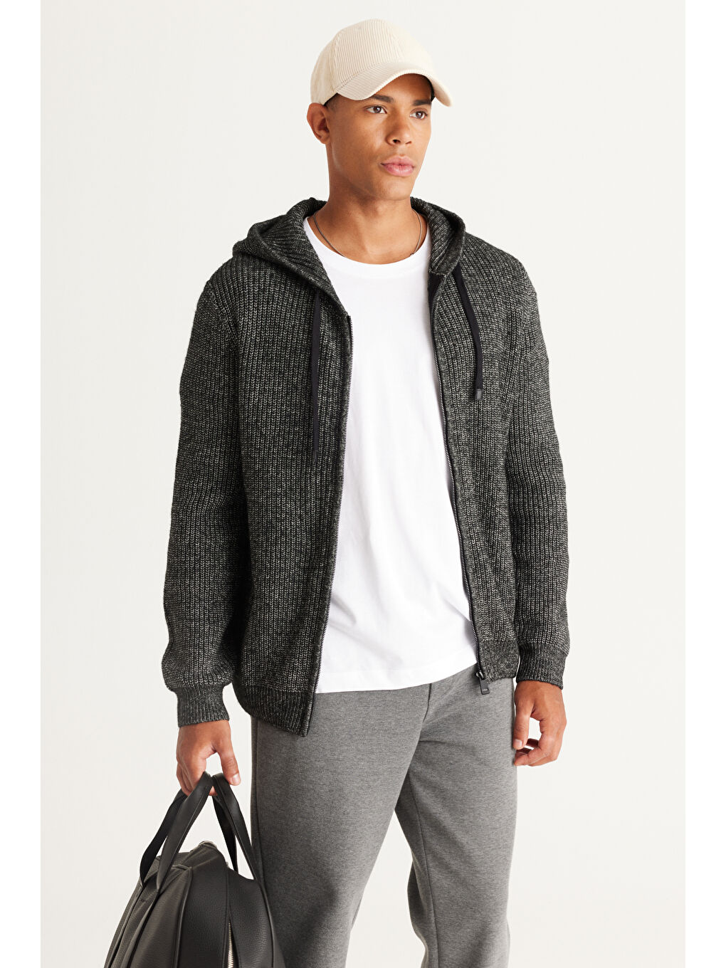 Erkek Antrasit-Melanj Standart Fit Normal Kesim Kapüşonlu Pamuklu Triko Hırka