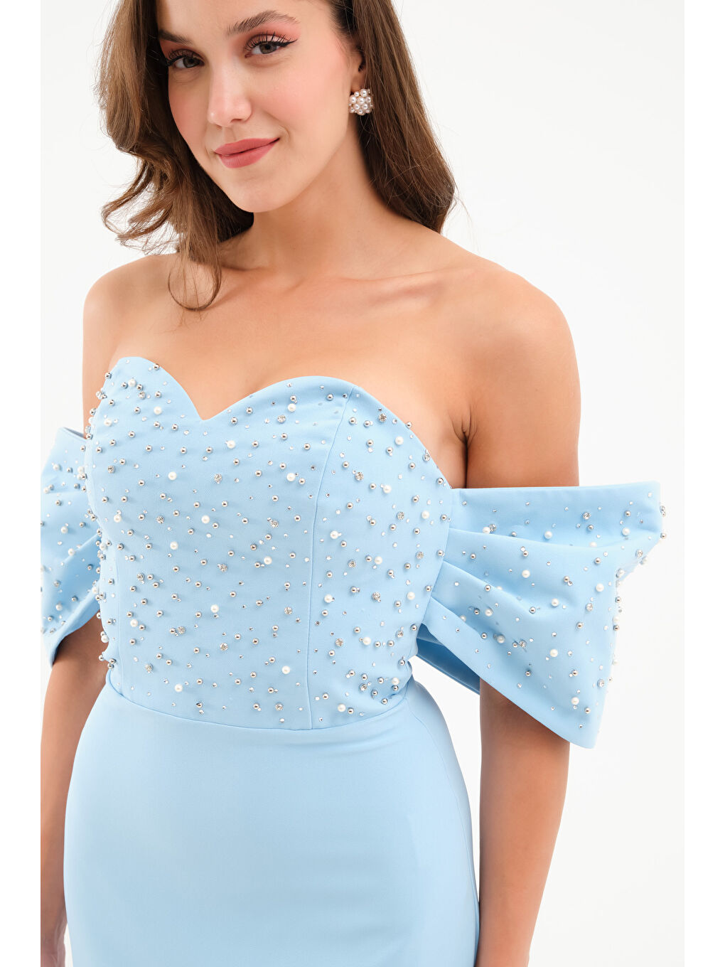 Kadın Bebe Mavi Straplez Yaka Kol Detay Midi Abiye Elbise-3