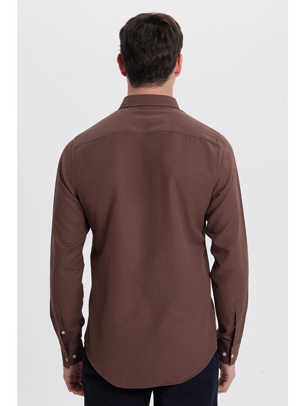 Erkek Slim Fit Dar Kesim Düz Oxford Armalı Düğmeli Yaka Kahverengi Spor Gömlek-7